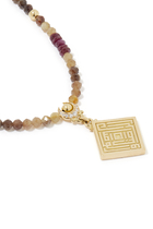 Kufi Calligraphy Necklace, 18k Yellow Gold & Ruby